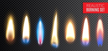 Farbige lokalisierte realistische brennende transparente ikone stellte mit verschiedenen farben und formen der flammenillustration ein