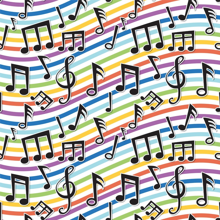 Kostenlose Vektor farbige musiknoten auf regenbogen-hintergrund