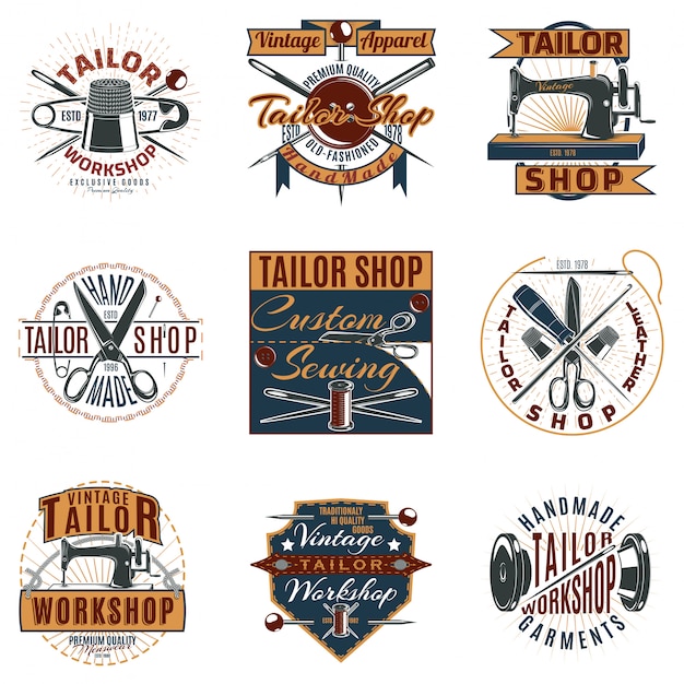 Kostenloser Vektor farbige premium tailor shop logos set