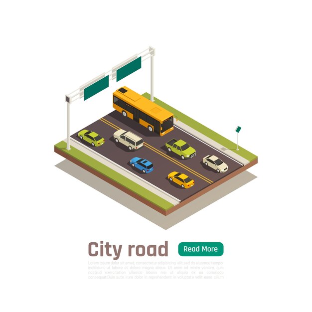 Farbige und isometrische Stadtkompositionsfahne mit Stadtstraßenüberschrift und lesen Sie mehr grüne Knopfvektorillustration