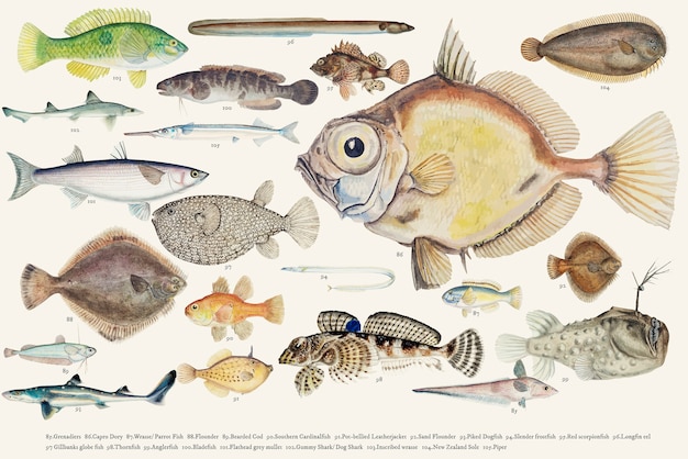 Farbige Vektorillustration der Fischzeichnungssammlung