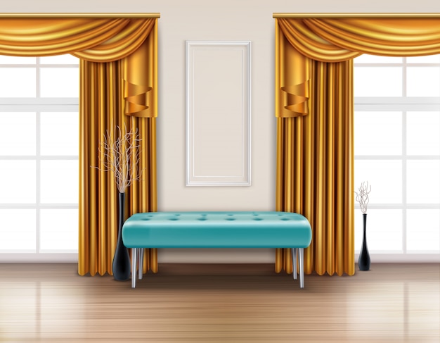 Farbiger Luxusvorhang realistisches Interieur mit goldenem Vorhang und blauer weicher Bankillustration