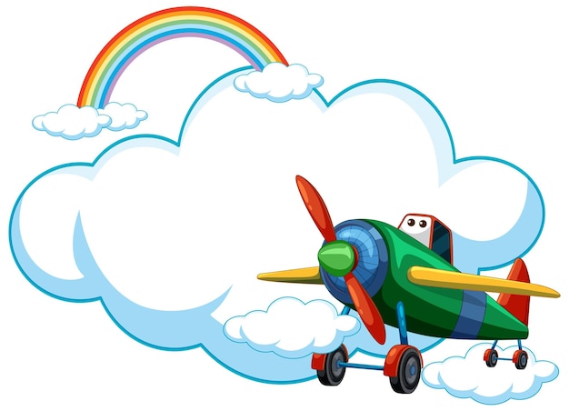 Farbiges flugzeug fliegt an dem regenbogen vorbei