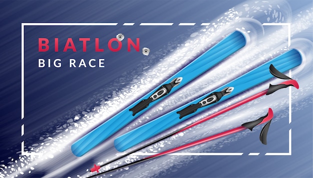 Farbiges realistisches horizontales Biathlonplakat mit Beschreibung und Skiern liegen im Schnee