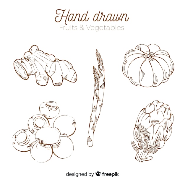 Farblose hand gezeichnetes gemüse und früchte eingestellt