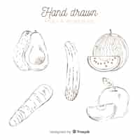 Kostenloser Vektor farblose hand gezeichnetes gemüse und früchte eingestellt