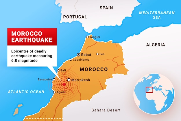 Kostenloser Vektor farbverlaufsdarstellung für erdbeben in marokko mit land- und standortkarte