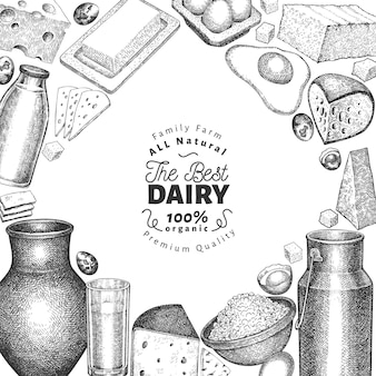 Farm food vorlage. hand gezeichnete milchillustration. verschiedene milchprodukte und eier im gravierten stil. vintage food hintergrund.