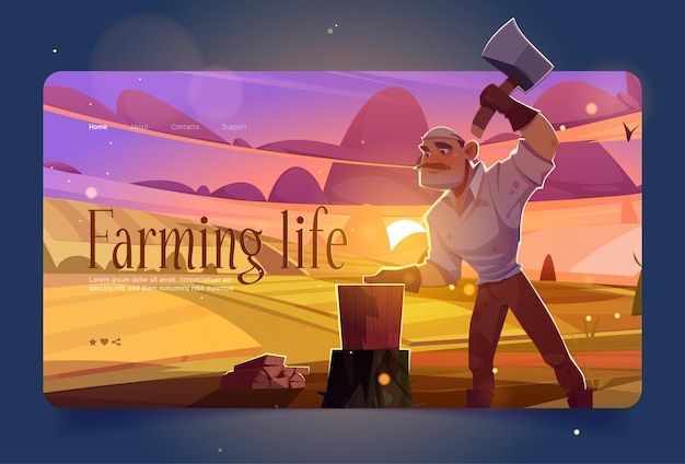 Farming life banner mit mann holzhacken auf landwirtschaftsfeldern bei sonnenuntergang. vektorlandingpage mit karikaturillustration des landwirts mit axtschneidhölzern. holzfäller mit schnurrbart und beil