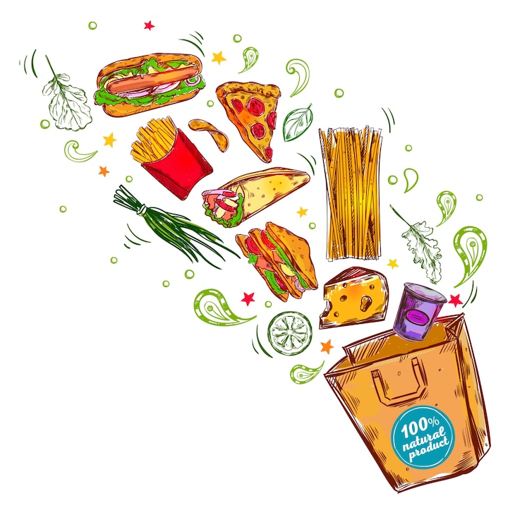 Kostenlose Vektor fast food nutritions konzept illustration