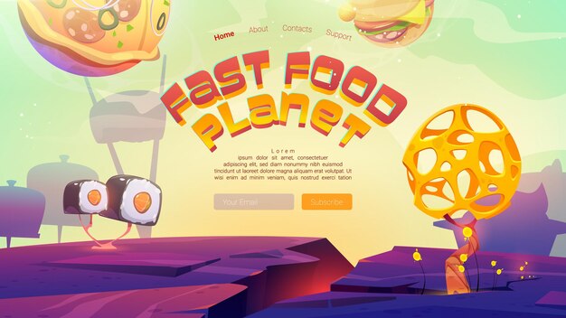 Fast-food-planet-cartoon-landingpage mit pizza-burger-kugeln und sushi über fremder landschaft