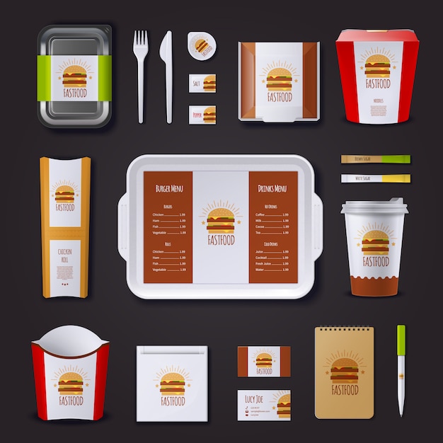 Fastfood-corporate identity mit packungssatz und notizblock mit trayvisitenkarten