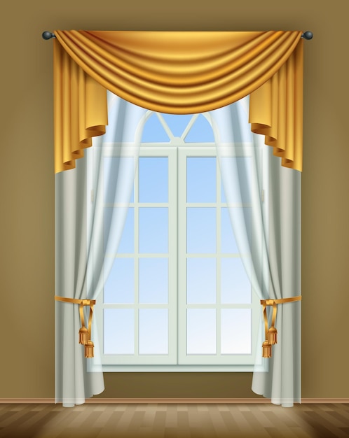 Fenstervorhänge realistische Zusammensetzung mit Innenansicht des Raumfensters und luxuriösen goldenen Vorhängen mit Spitze