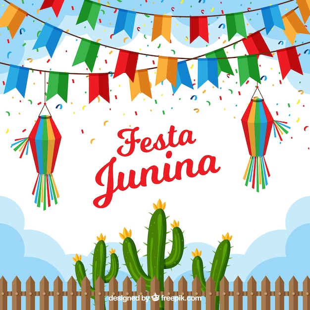 Festa junina hintergrund mit flachen wimpeln
