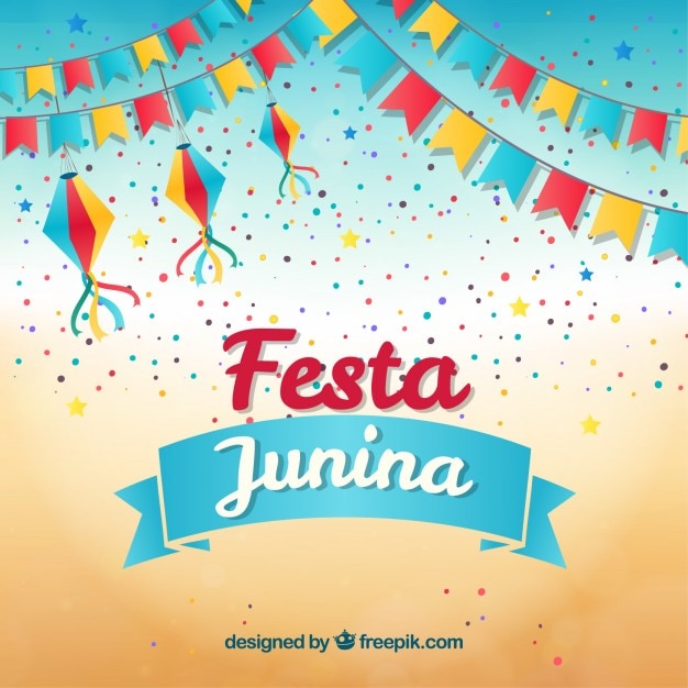 Kostenloser Vektor festa junina hintergrund mit girlanden und konfetti