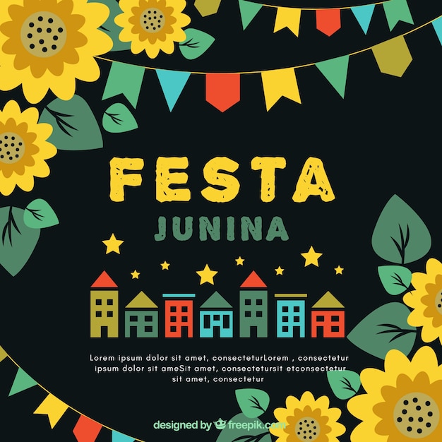 Kostenloser Vektor festa junina hintergrund mit häusern und sonnenblumen