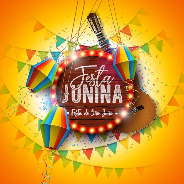 Kostenloser Vektor festa junina illustration mit akustikgitarren-partyfahnen und papierlaterne auf gelbem hintergrund