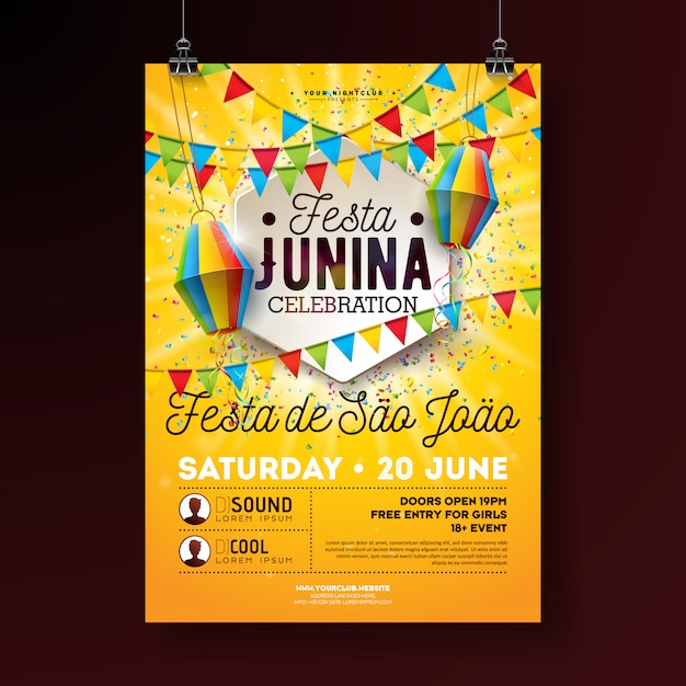 Kostenloser Vektor festa junina party flyer illustration mit typografie design. flaggen, papierlaterne und konfetti auf gelbem hintergrund. brasilien juni festival design für einladung oder feiertagsfeier poster.