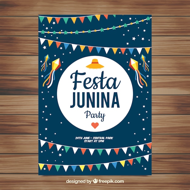 Kostenloser Vektor festa junina poster einladung mit bunten wimpeln