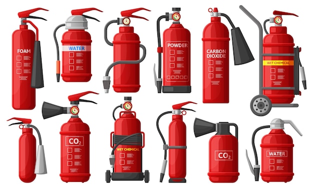Feuerlöscher, brandbekämpfung, brandschutz, sicherheitslöscheinrichtungen. flammenbekämpfung sicherheitsausrüstung vektor-illustration-set. feuerlöscherschutz