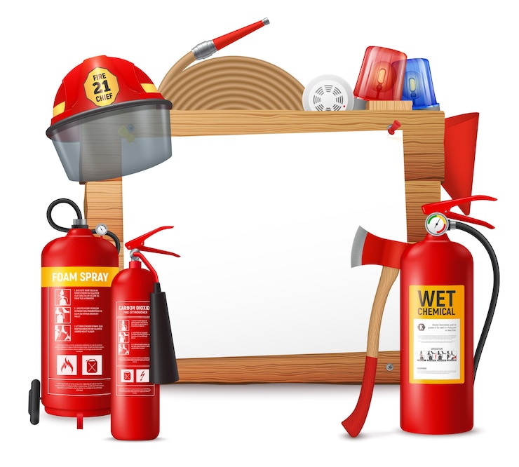 Kostenlose Vektor feuerlöscherrahmen mit klarem blatt papier auf holzoberfläche mit feuerlöschflaschen-einheitsillustration