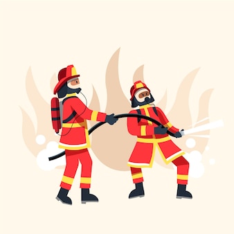 Feuerwehrleute im flachen design, die ein feuer löschen
