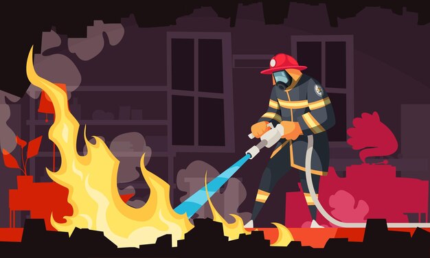 Feuerwehrmann mit Maske und Helm löscht Feuer mit Schlauch in rauchgefüllter Zimmerkarikaturillustration