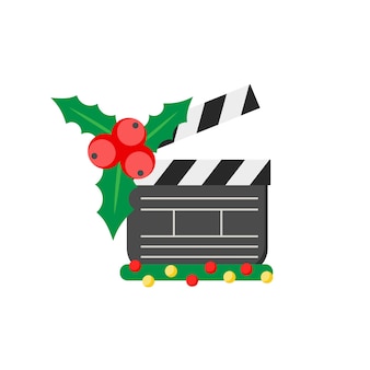 Film-klappbrett-kino-schild mit stechpalme. weihnachts-design-ikone auf weißem hintergrund.