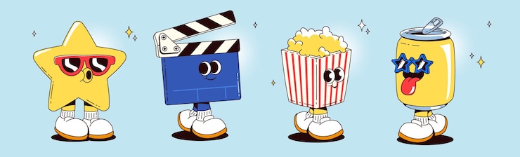 Kostenlose Vektor film- und kino-zeichentrickfiguren-maskottchen-set