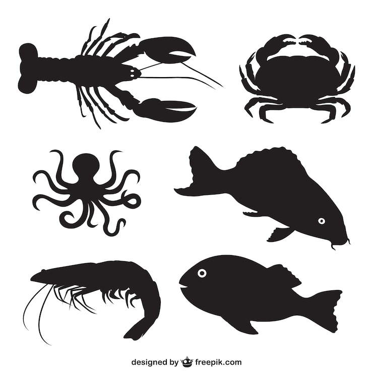 Kostenlose Vektor fisch und schalentiere silhouetten
