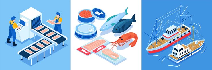 Kostenlose Vektor fischereiproduktionsdesign-zusammensetzungssatz von drei quadratischen zusammensetzungen mit gefäßförderern und isometrischen ikonen der meeresfrüchte