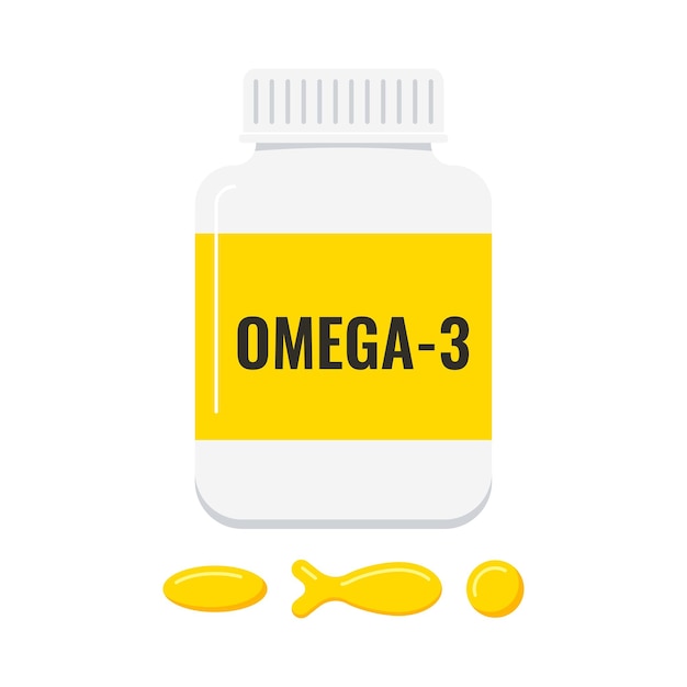 Fischöl omega-3-gel-pille mit plactic flasche auf weißem hintergrund. omega-3 pillenset in fisch, oval, runde form - nahrungsergänzungsmittel. flaches design cartoon-stil-vektor-illustration. Premium Vektoren