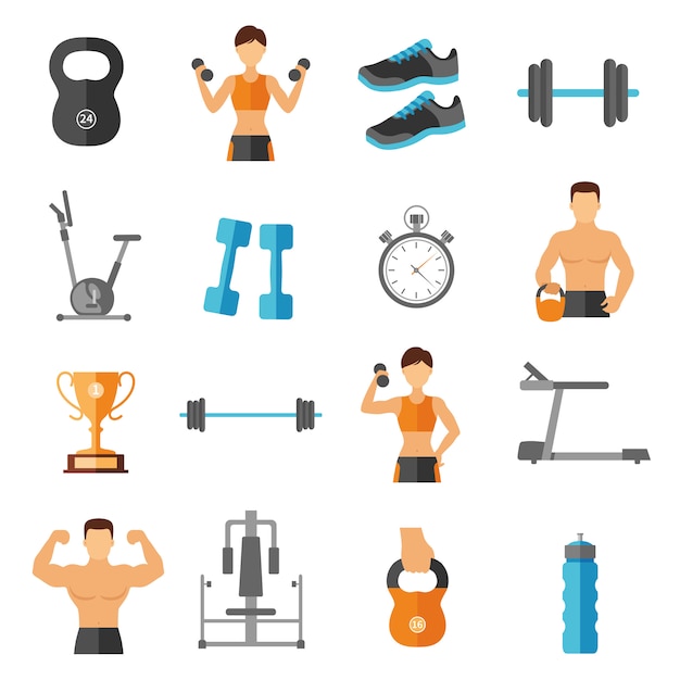 Fitness flat style icons set