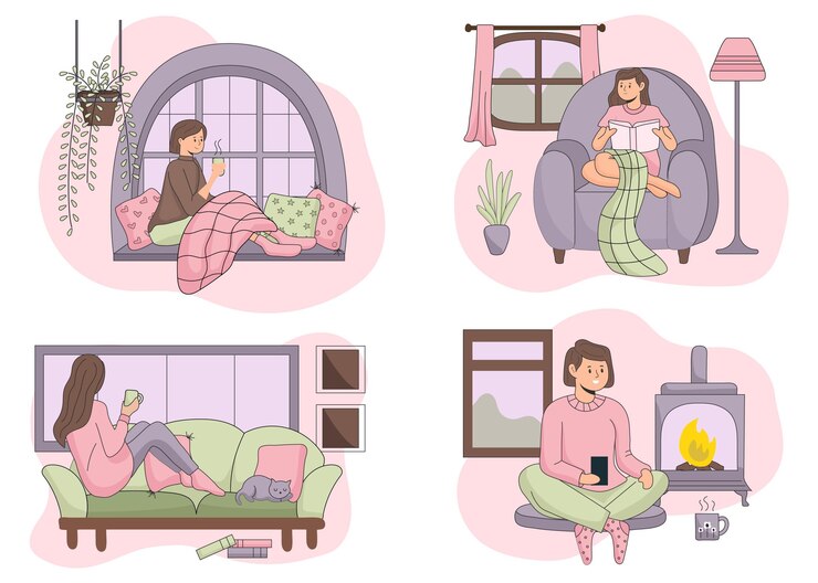Kostenlose Vektor flach gezeichnete hygge-lifestyle-szenen