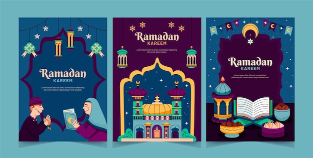 Kostenloser Vektor flach-grußkarten-sammlung für die islamische ramadan-feier.