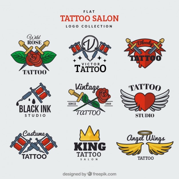 Kostenloser Vektor flach-logo-sammlung für ein tattoo-salon