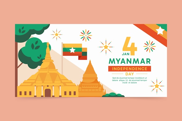 Flach Myanmar Unabhängigkeitstag horizontale Banner-Vorlage