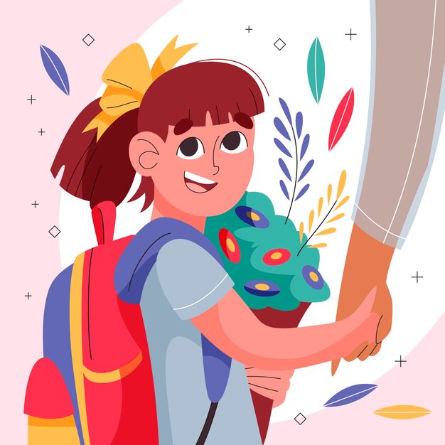Flach zurück zur Schulillustration mit Eltern, die Hände mit Kind für die Schule halten
