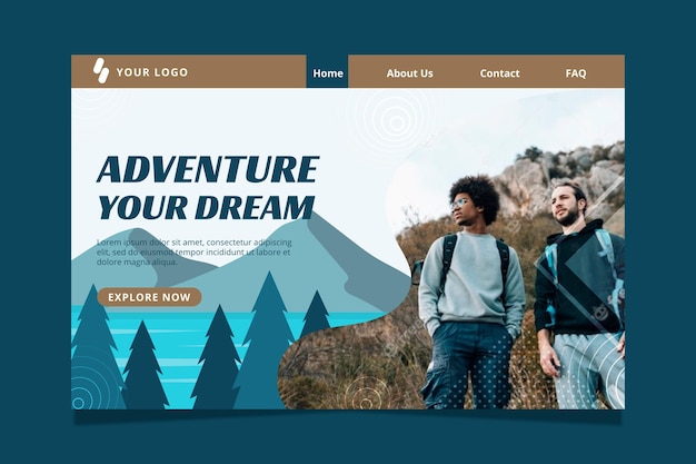 Flache Abenteuer-Landingpage-Vorlage mit Foto