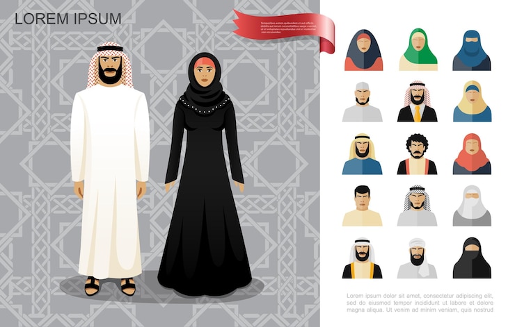 Kostenlose Vektor flache arabische leute bunt mit muslimischem mann und frau in traditioneller kleidung auf arabischer dekorativer hintergrundillustration