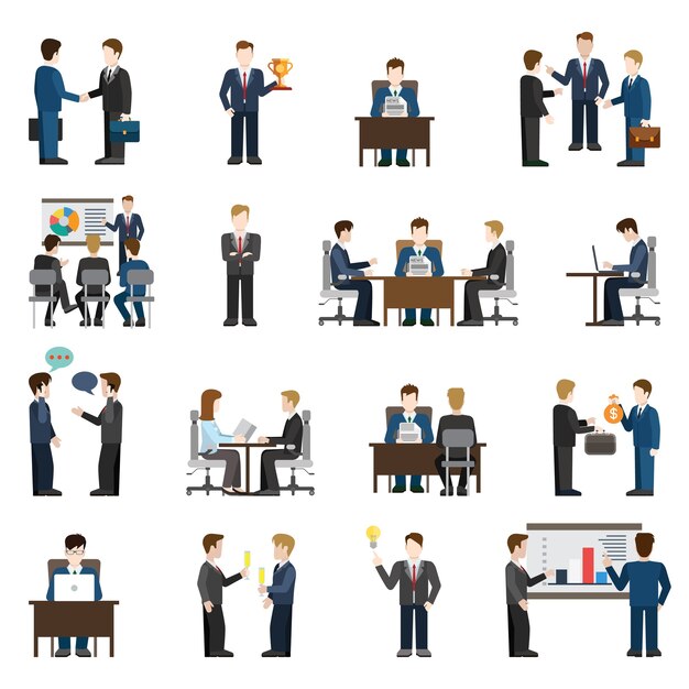 Flache Art moderne Geschäftssituationen Geschäftsleute Leute großes Set. Besprechungserfolgsbericht Schulungsmanager Betreiber Chat Investitionsunterstützung Diskussionsrunde Idee Arbeitsplatzempfangsverhandlungen