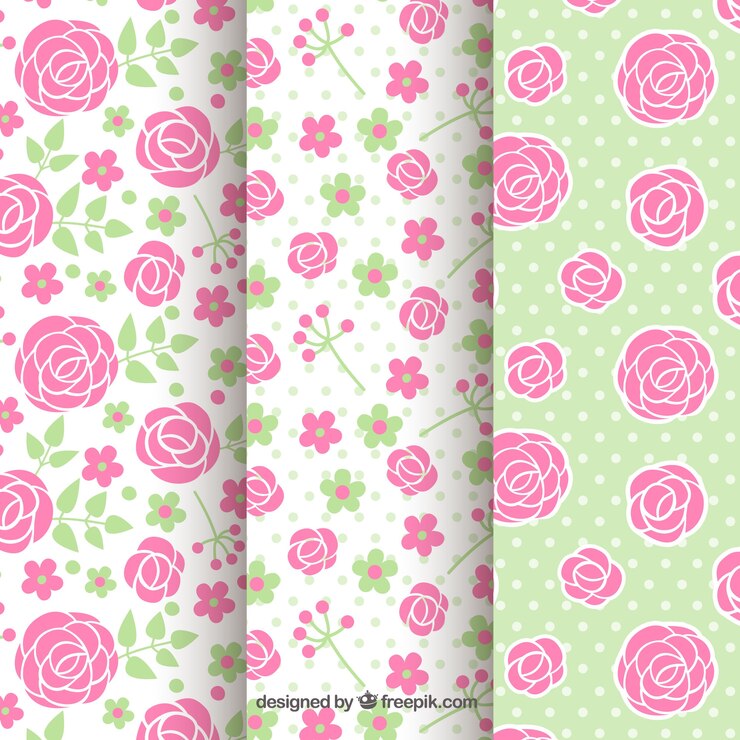 Kostenlose Vektor flache auswahl von mustern mit rosen und punkten