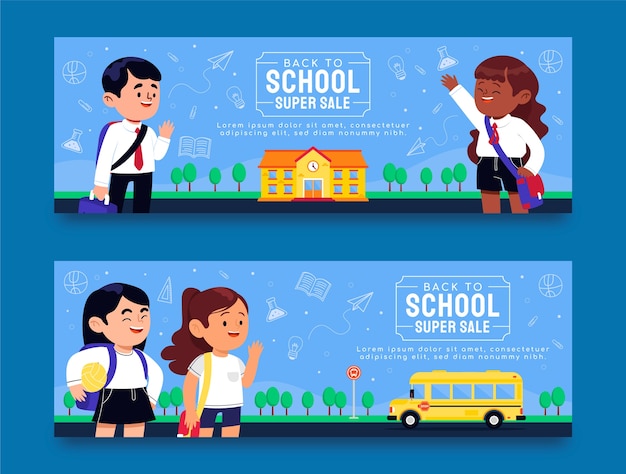 Flache back-to-school-verkaufsbanner mit schülern und bus