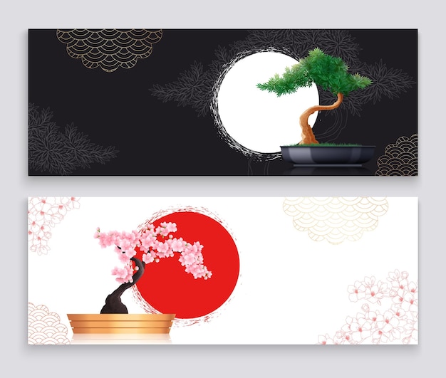 Kostenloser Vektor flache banner mit bonsai-bäumen