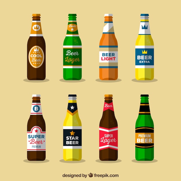 Flache Bierflaschensammlung mit Aufkleber