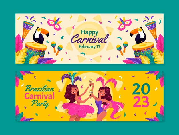 Flache brasilianische karnevalsfeier horizontale banner gesetzt