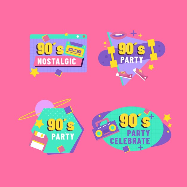 Flache bunte 90er-Party-Etiketten-Kollektion