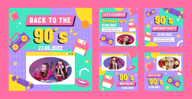 Flache bunte 90er Party Instagram Posts Sammlung