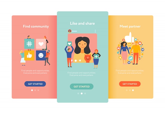 Flache bunte set-social-media-bildschirme mit community-meeting-partner wie teilen
