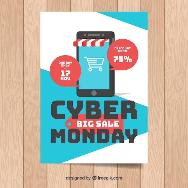 Kostenloser Vektor flache cyber ​​montag poster vorlage mit smartphone-shop